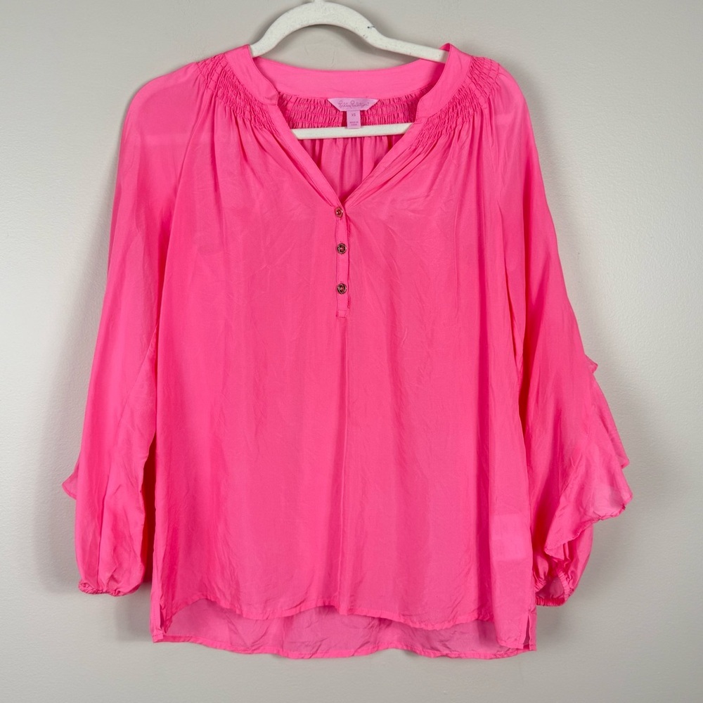 Lilly Pulitzer Silk Elsa Ruffle Top Womens XS Pascha Pink Blouse Preppy Barbie